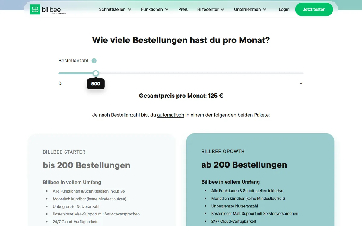 Preisrechner von Billbee bei 500 Bestellungen im Monat mit Gesamtpreis 125 Euro