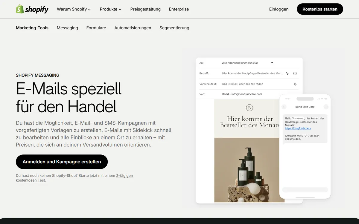Startseite von Shopify Messaging (shopify.com)