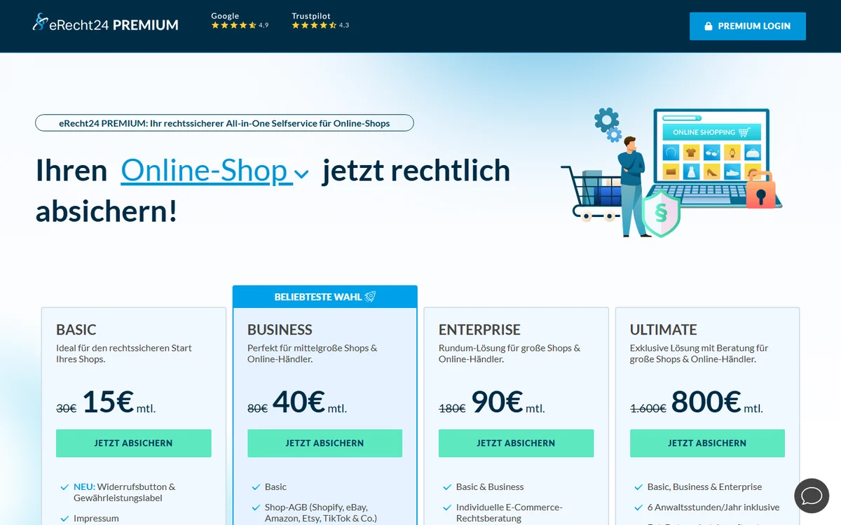 Tarifseite von eRecht24 Premium für Online-Shops mit den Tarifen Basic 15 Euro, Business 40 Euro, Enterprise 90 Euro und Ultimate 800 Euro im Monat