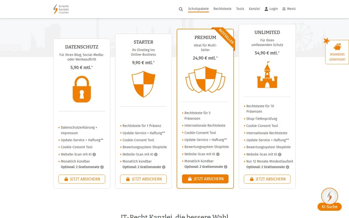 Schutzpakete der IT-Recht Kanzlei: Datenschutz 5,90 Euro, Starter 9,90 Euro, Premium 24,90 Euro und Unlimited 54,90 Euro im Monat