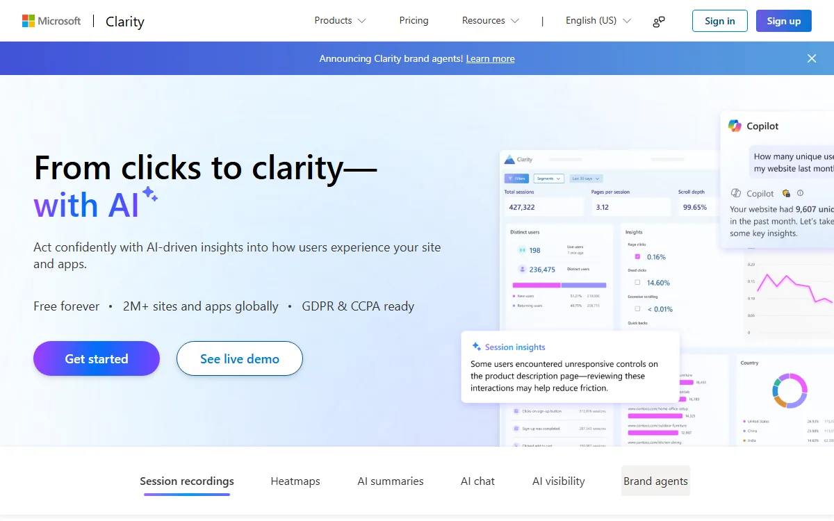 Startseite von Microsoft Clarity (clarity.microsoft.com)
