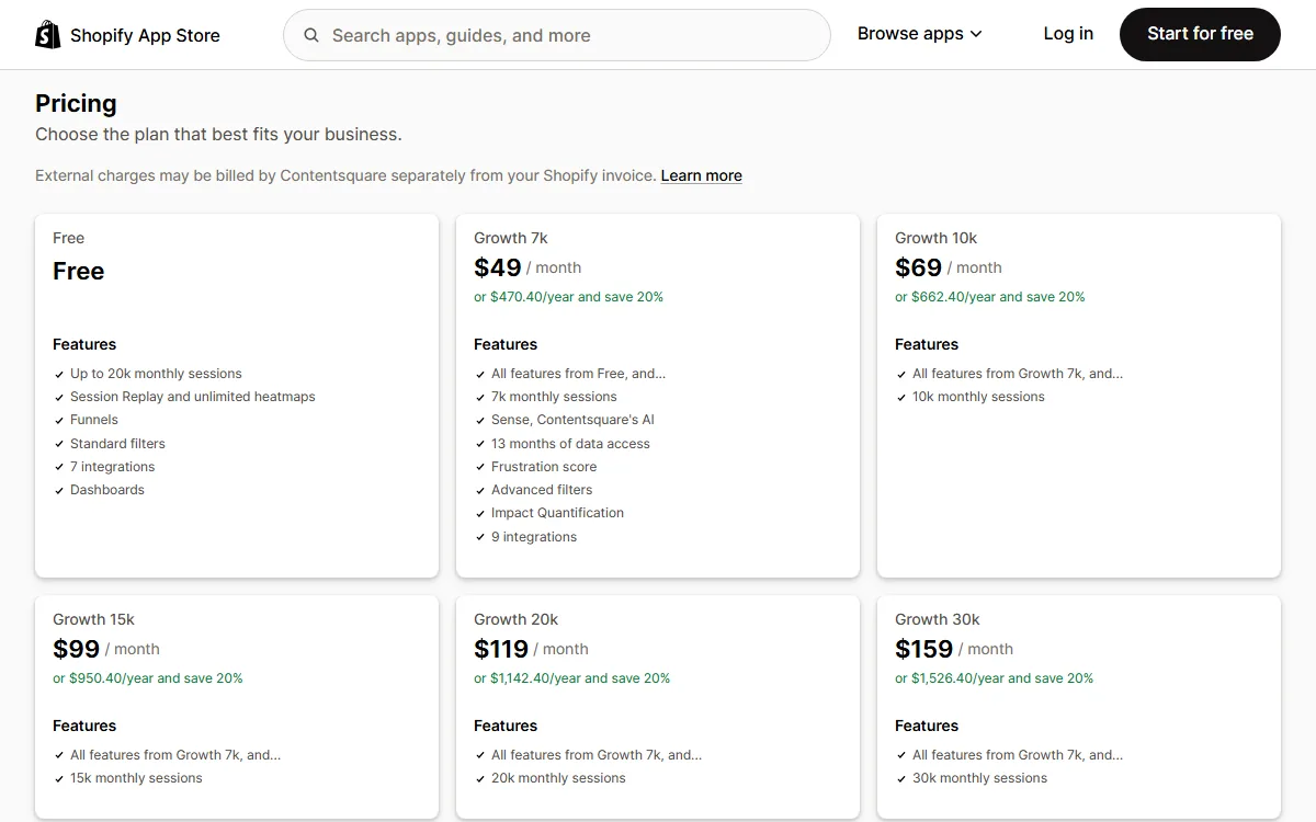 Tarife von Contentsquare Analytics im Shopify App Store: Free bis 20.000 Sitzungen und Growth ab 49 Dollar