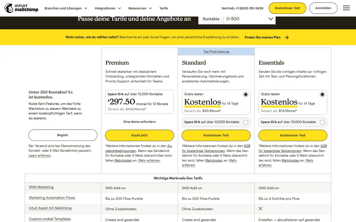Preisseite von Mailchimp mit den Tarifen Premium, Standard und Essentials bei 0 bis 500 Kontakten