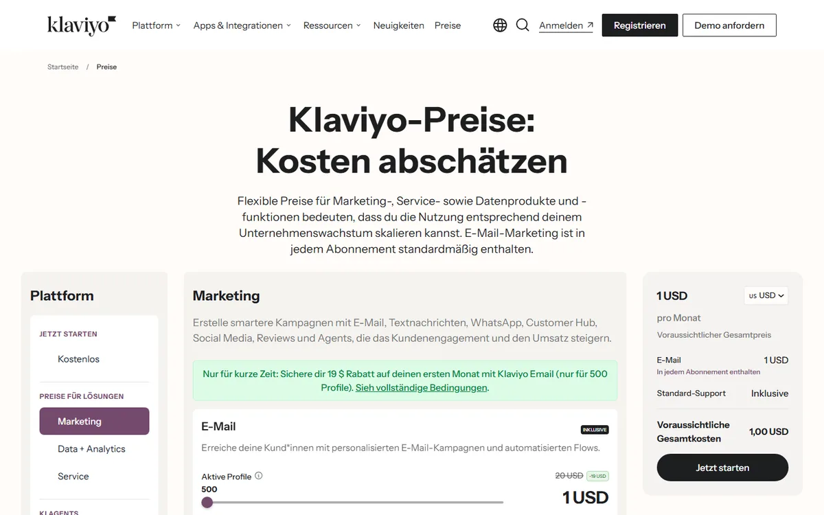Preisrechner von Klaviyo mit dem E-Mail-Tarif bei 500 aktiven Profilen