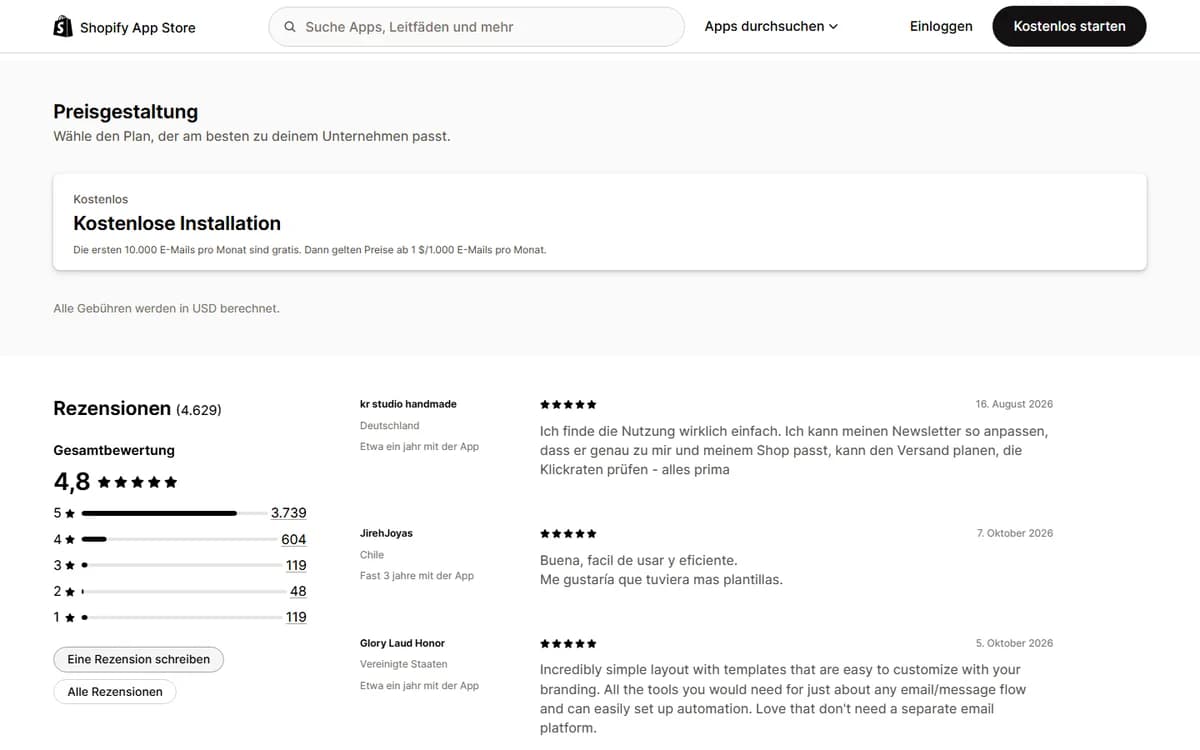 Preisangabe von Shopify Messaging im Shopify App Store: die ersten 10.000 E-Mails pro Monat gratis, danach ab 1 Dollar je 1.000 E-Mails