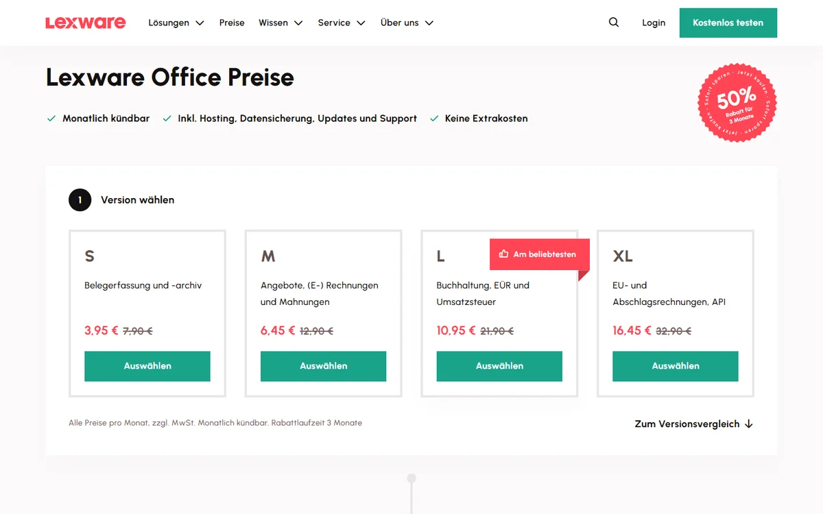 Preisseite von Lexware Office mit den Versionen S 7,90 Euro, M 12,90 Euro, L 21,90 Euro und XL 32,90 Euro, jeweils mit 50 Prozent Rabatt für 3 Monate