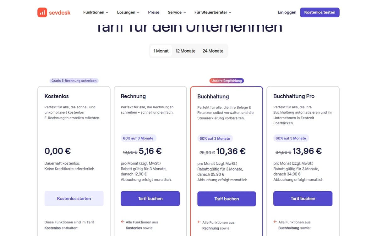 Preisseite von sevdesk bei einem Monat Laufzeit: Kostenlos 0 Euro, Rechnung 12,90 Euro, Buchhaltung 25,90 Euro und Buchhaltung Pro 34,90 Euro, jeweils mit 60 Prozent Rabatt für 3 Monate